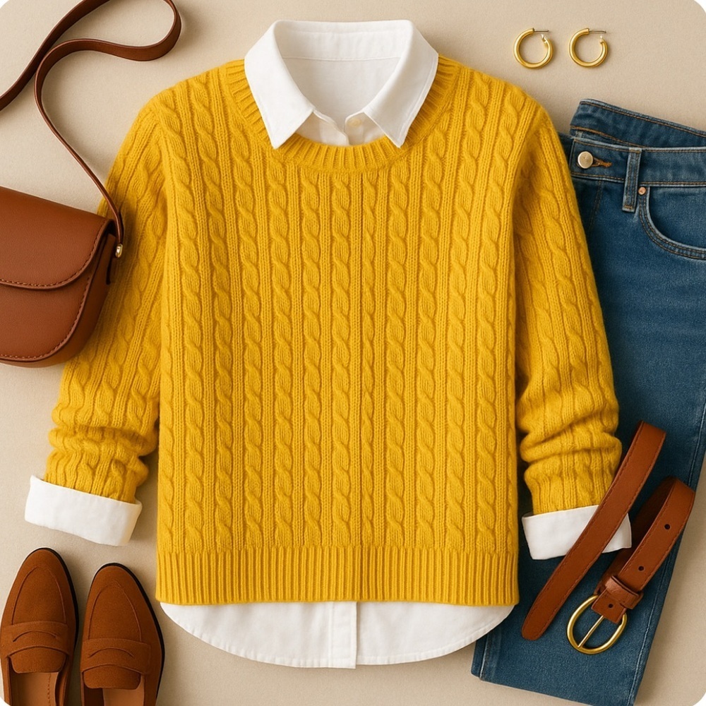 Kim Rogers Cotton Cable Knit Long Sleeve yellow Neck Mid Weight Sweater Medium - Picture 2 of 7